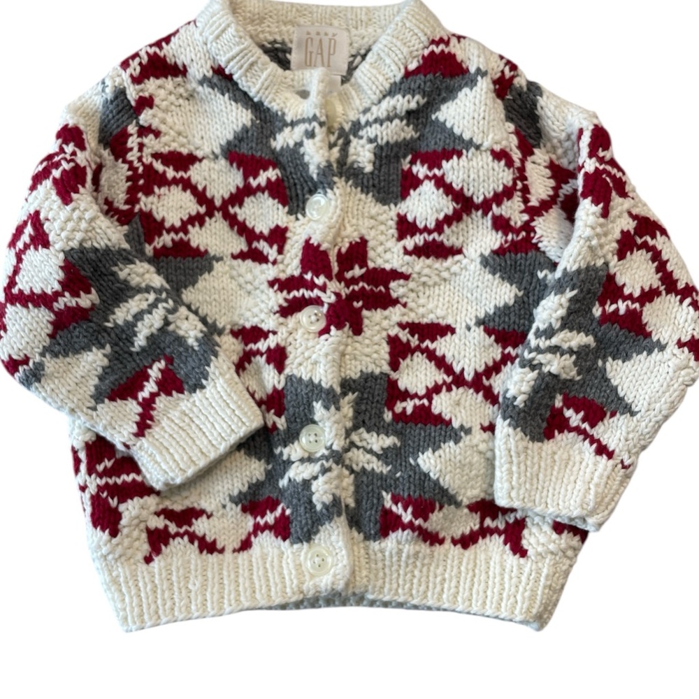 Baby Gap Chunky Knit Fair Isle Knit Cardigan Snowflake Pattern Cotton 12-24 M